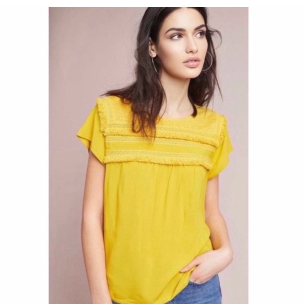 Anthropologie x James Coviello Yellow Lace Trim Women's Top